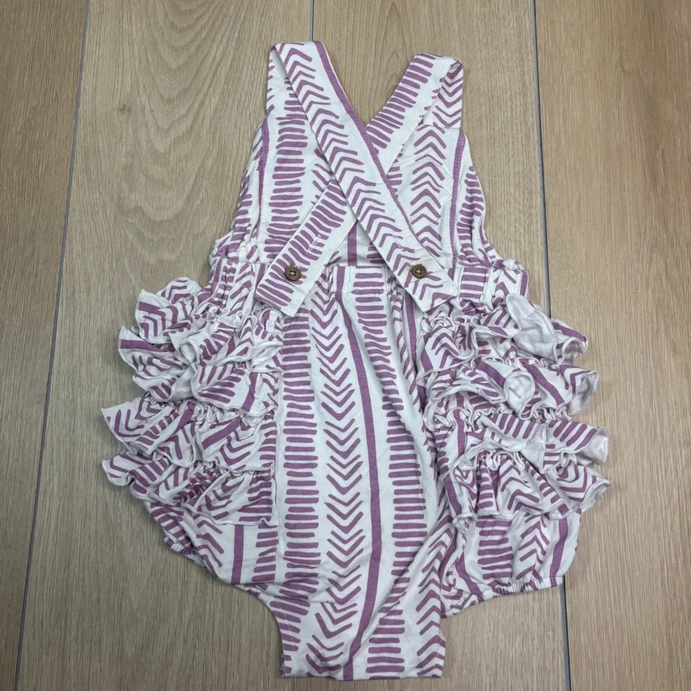 LOT OF 2 Kate Quinn 2T Bamboo Ruffle Bubble Romper Set Mauve Purple Geometric